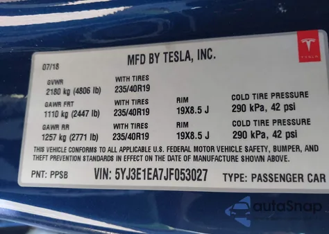 2018 Tesla Model 3 Long Range/Mid Range from USA, damaged, VIN 5YJ3E1EA7JF053027